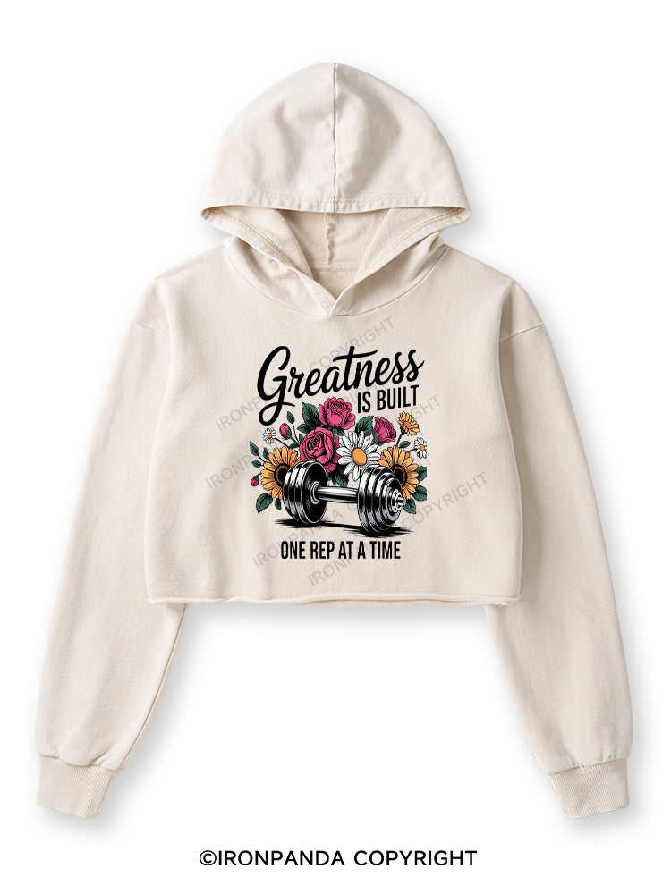 GREATNESS IS BUILT ONE REP AT A TIME  color Washed Crop Hoodie