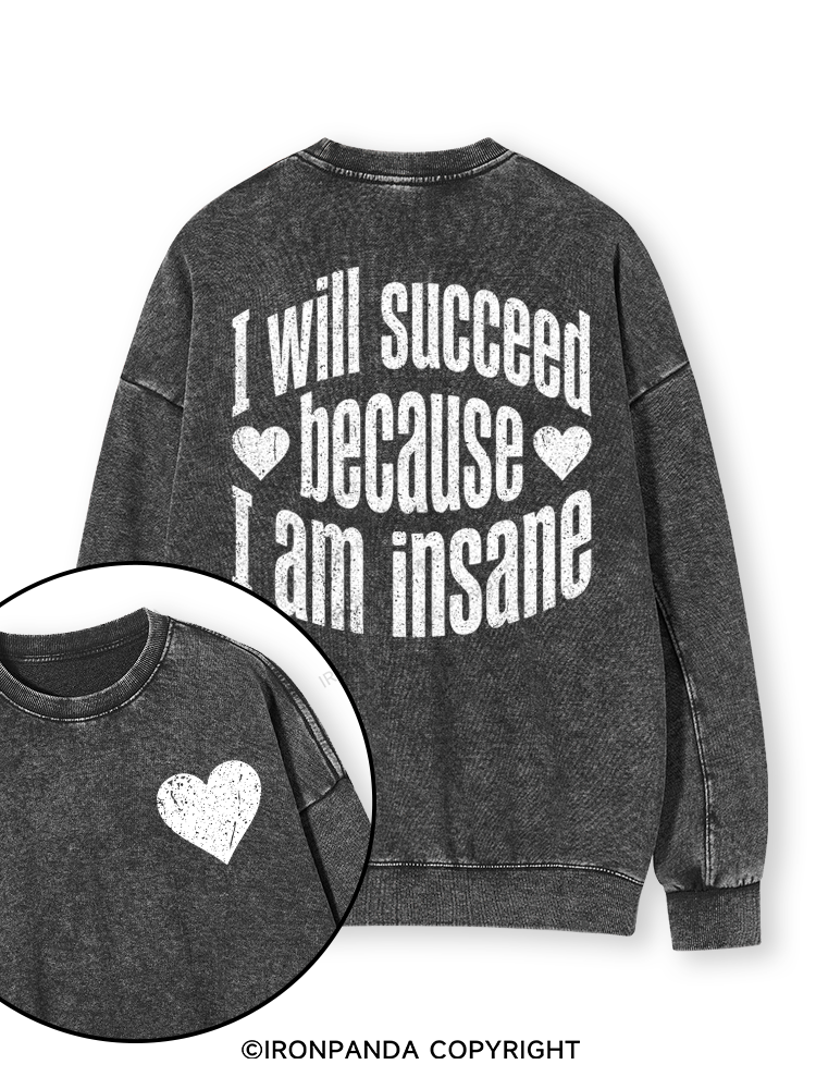 I WILL SUCCEED BECAUSE I AM INSANE Double-Sided Printed Washed Sweatshirt