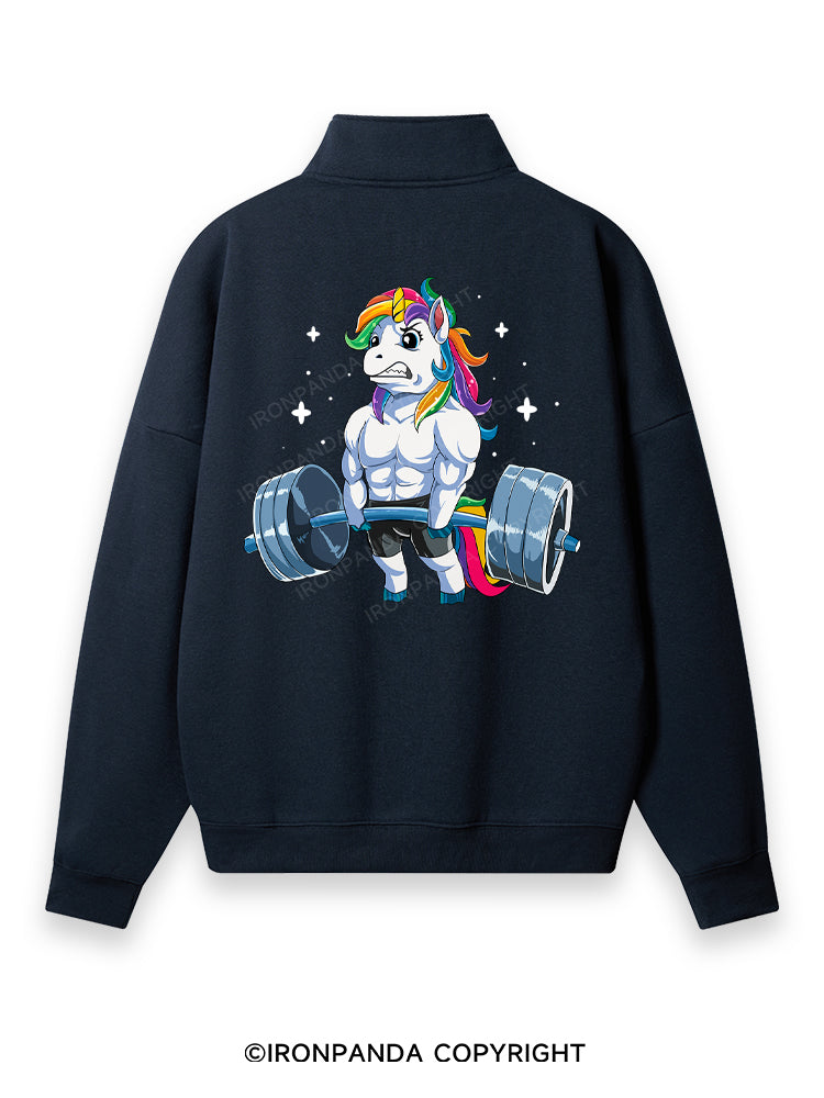 Weightlifting Unicorn Back Printed Quarter-Zip Fleece Sweatshirt
