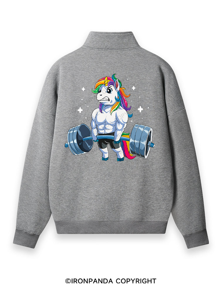 Weightlifting Unicorn Back Printed Quarter-Zip Fleece Sweatshirt