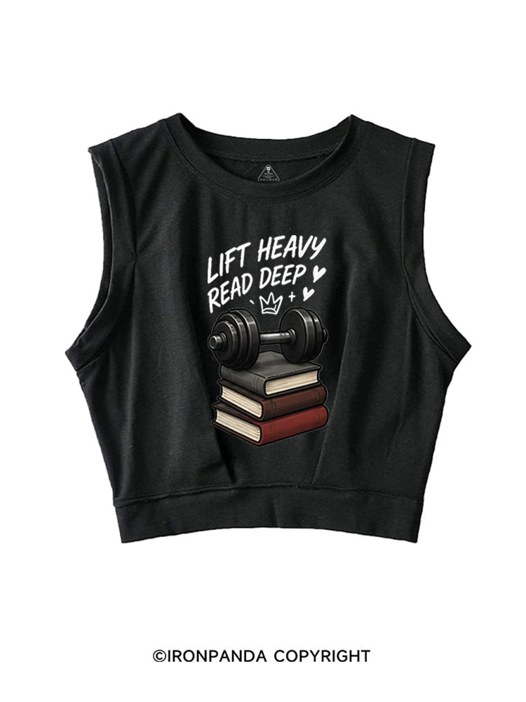 LIFT HEAVY READ DEEP SLEEVELESS CROP TOPS