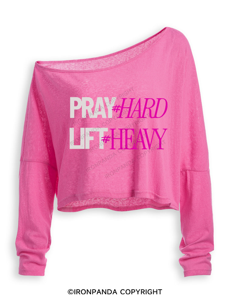 PRAY HARD # LIFT HEAVY GYM Off Shoulder Long Sleeve Crop Top