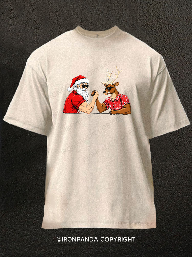 Santa Claus Vs Reindeer Funny Christmas Washed Gym Shirt