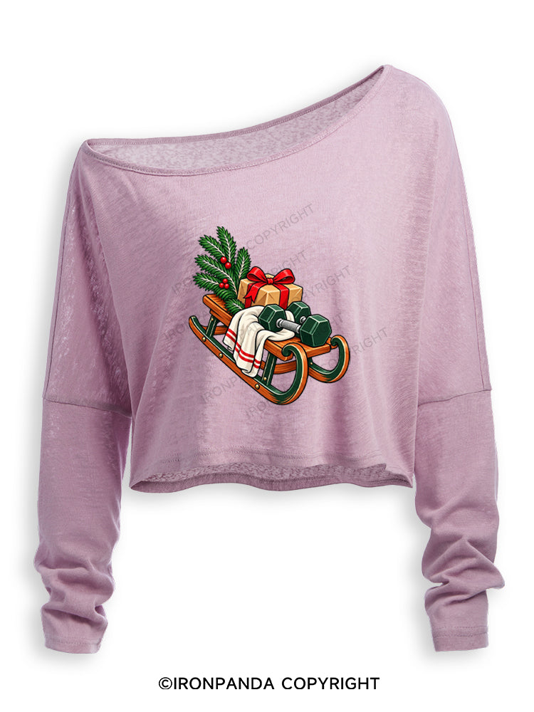 CHRISTMAS DUMBBELLS AND FESTIVE SLEIGH Off Shoulder Long Sleeve Crop Top