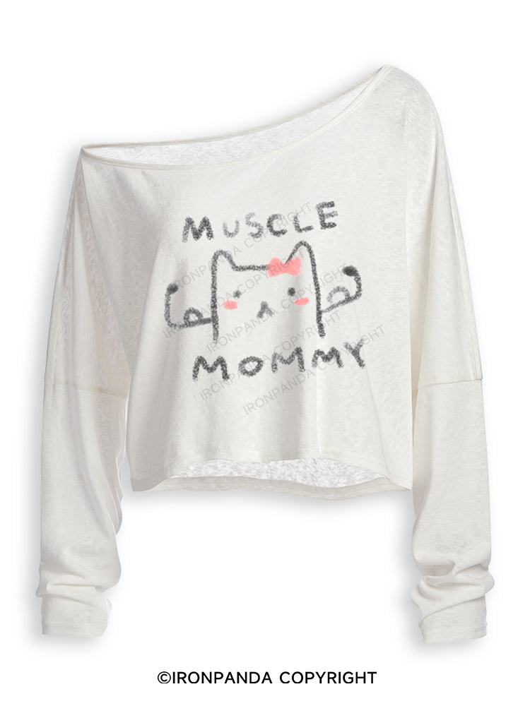 MUSCLE MOM GYM KITTY Off Shoulder Long Sleeve Crop Top