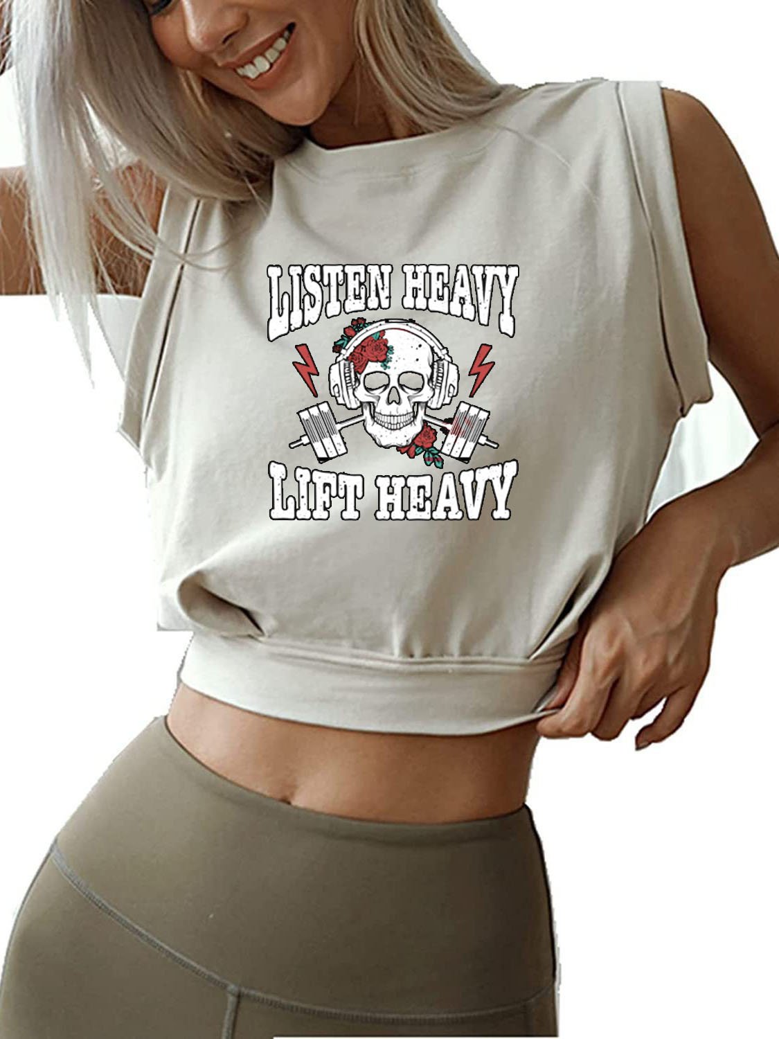 LISTEN HEAVY LIFT HEAVY  SLEEVELESS CROP TOPS
