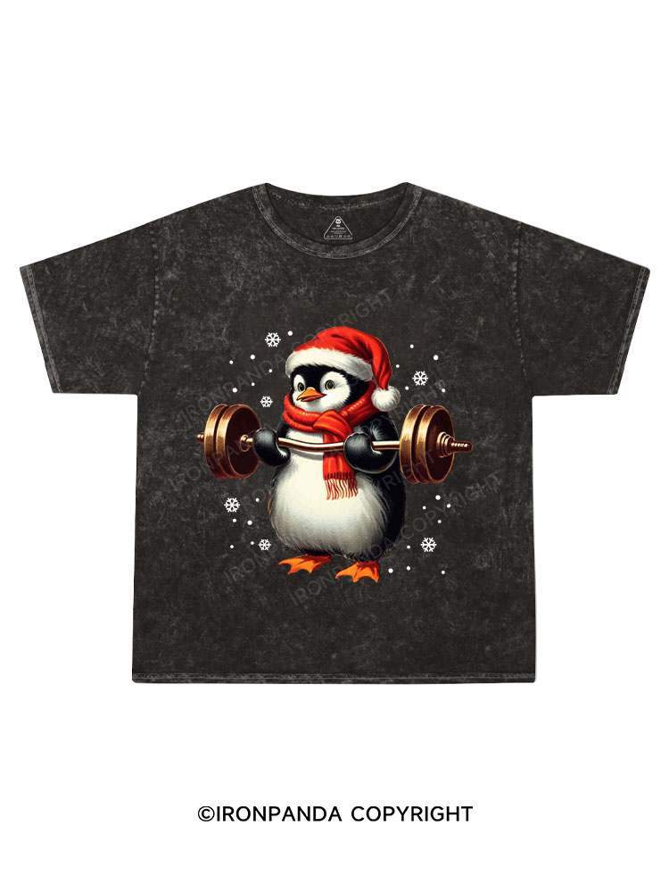 CHRISTMAS DEADLIFT PENGUIN Kids Washed T-Shirt