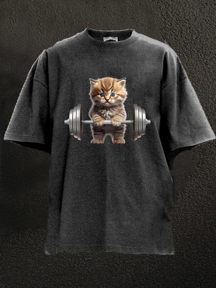 Weightlifting Cat Washed Gym Shirt