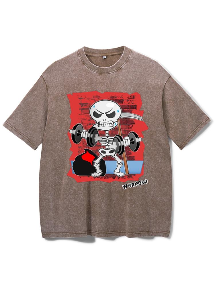 Workout Skeleton Skull Bones Washed Gym Shirt