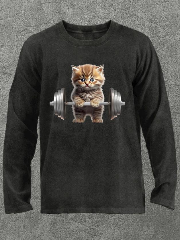 weightlifting cat Washed Gym Long Sleeve Shirt