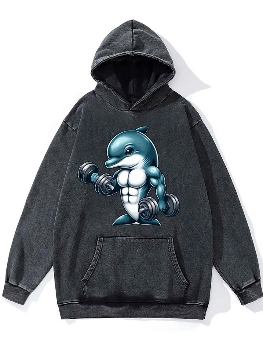 dumbbell weightlifting muscular dolphin Washed Gym Hoodie