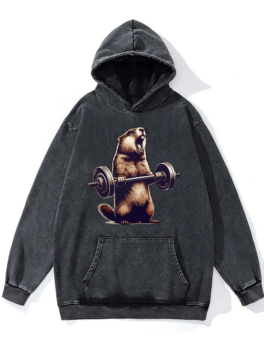 barbell wieghtlifting groundhog Washed Gym Hoodie