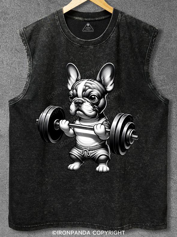French bulldog lifting weights Washed Gym Tank