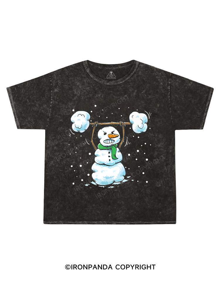 Christmas Weightlifting Snowman Kids Washed T-Shirt