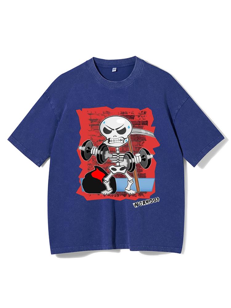 Workout Skeleton Skull Bones Washed Gym Shirt
