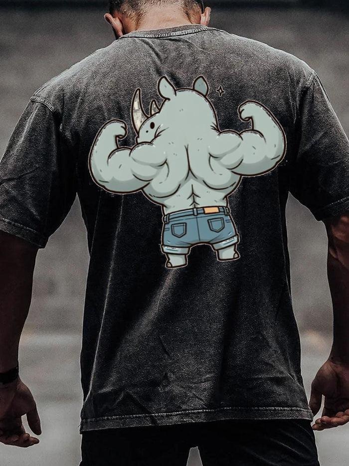 Workout Rhino back printed Washed Gym Shirt