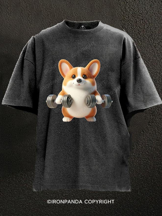 dumbbell corgi Washed Gym Shirt