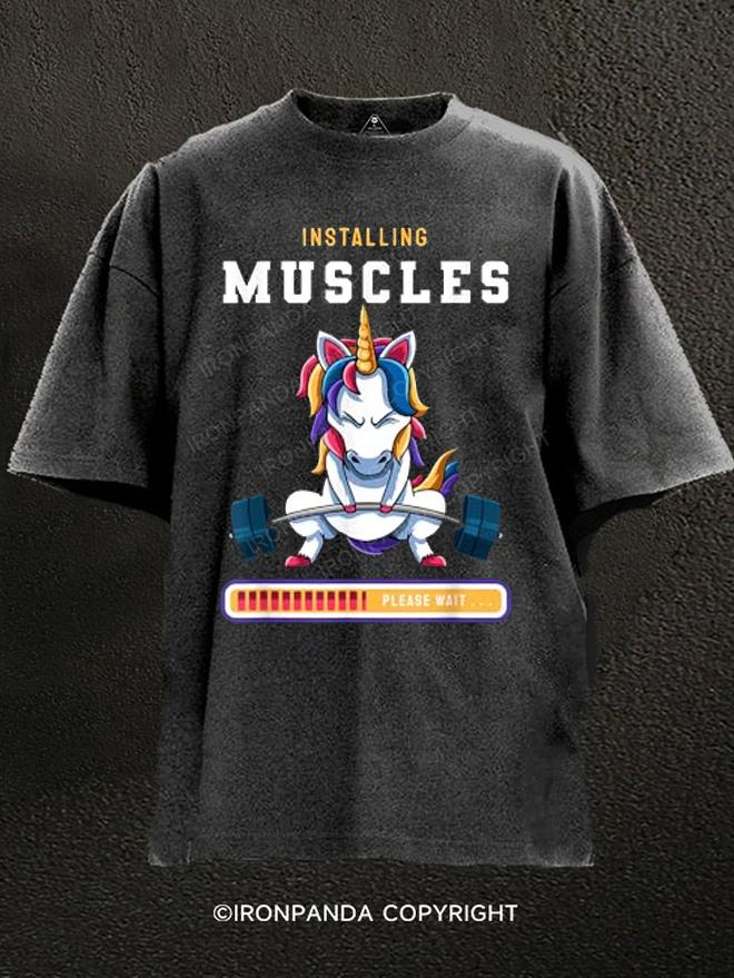Unicorn Lifting Installing Muscles Loading Washed Gym Shirt