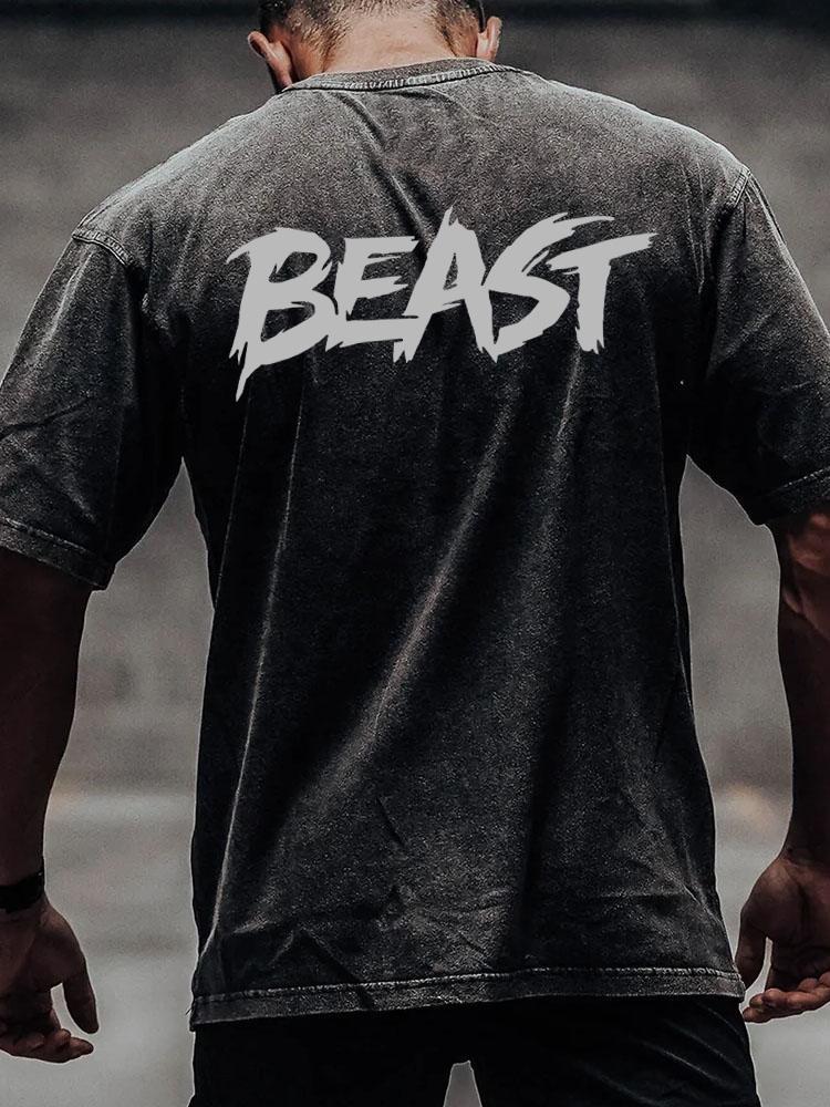 beast back printed Washed Gym Shirt