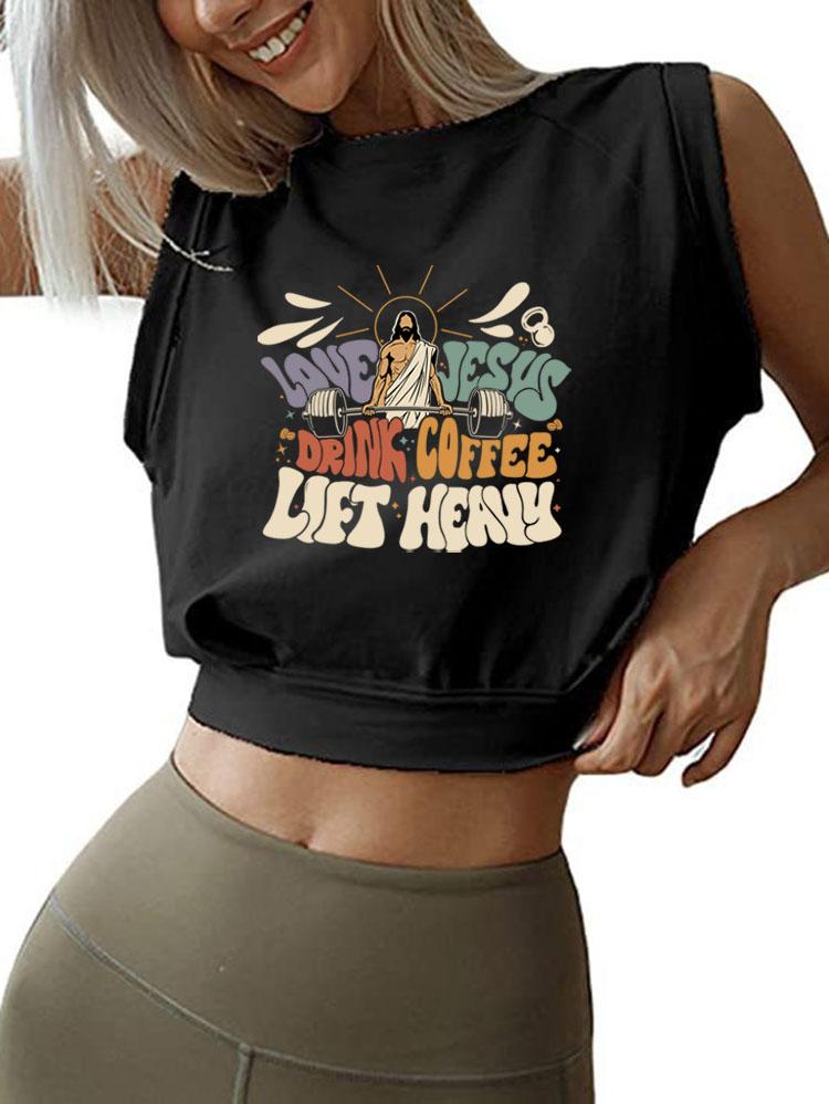 LOVE JESUS DRINK COFFEE LIFT HEAVY   SLEEVELESS CROP TOPS
