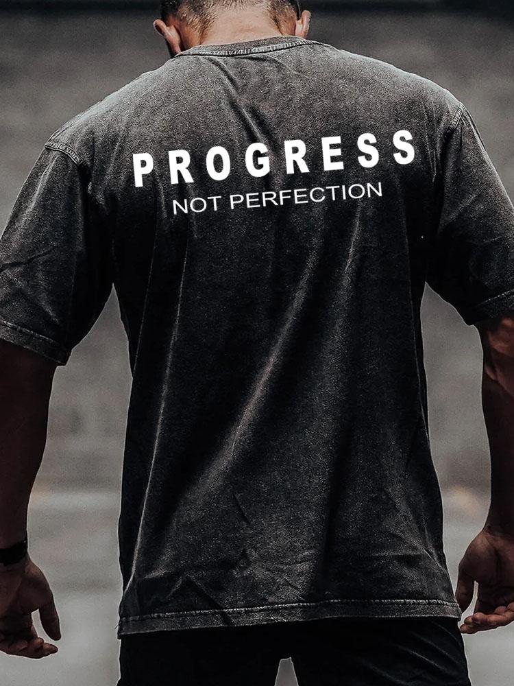progress not perfection back printed Washed Gym Shirt