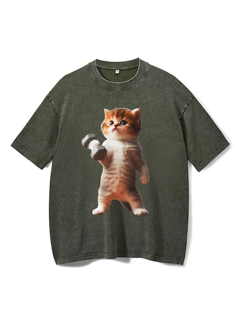 Exercise Cat Washed Gym Shirt