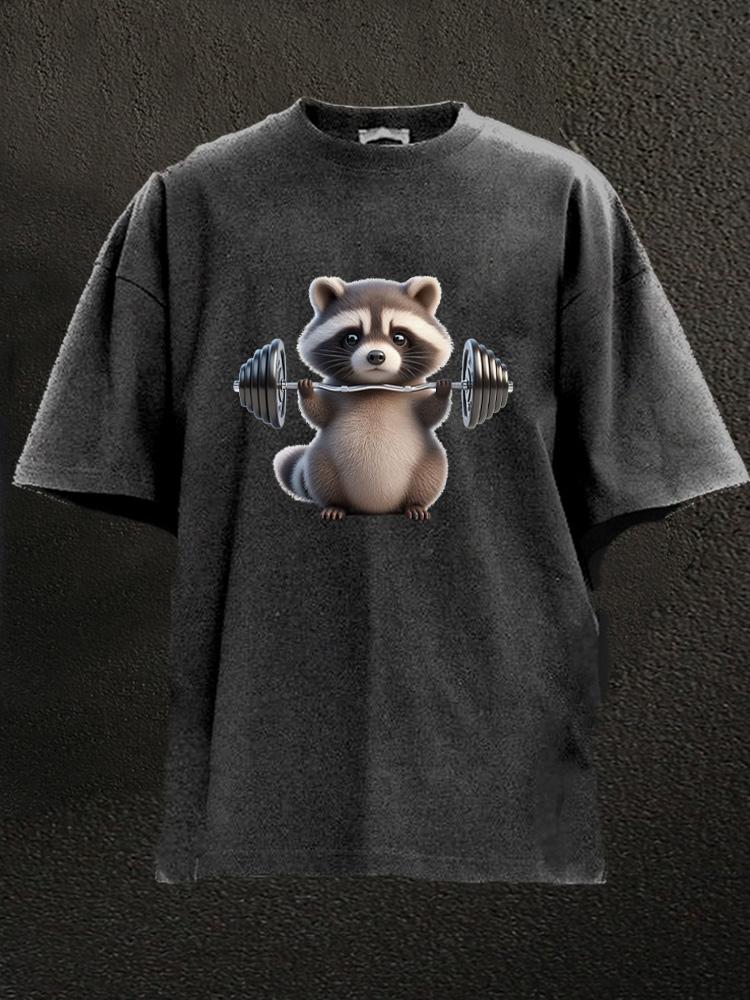 barbell weightlifting raccoon Washed Gym Shirt