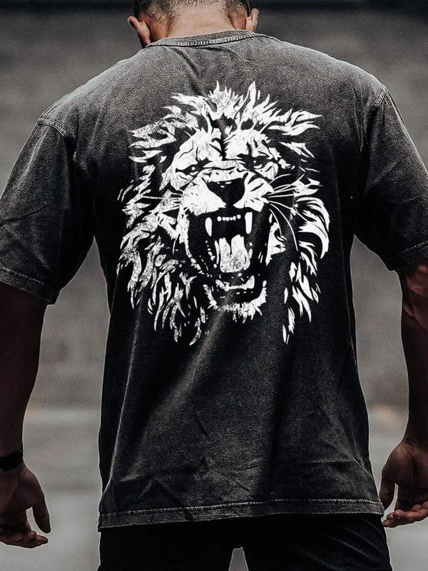 roaring lion back printed Washed Gym Shirt