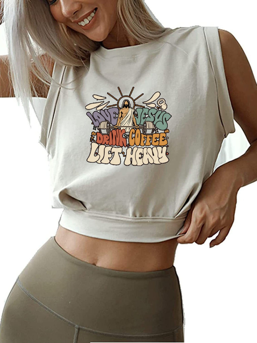 LOVE JESUS DRINK COFFEE LIFT HEAVY   SLEEVELESS CROP TOPS