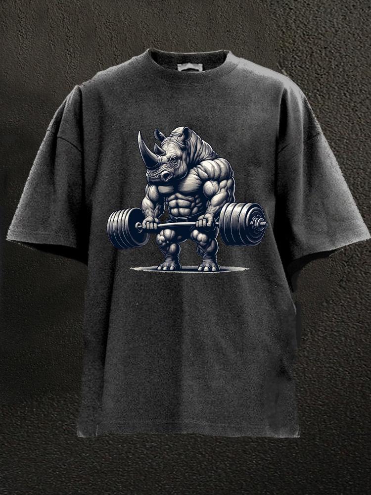 barbell Weightlifting Rhino Washed Gym Shirt