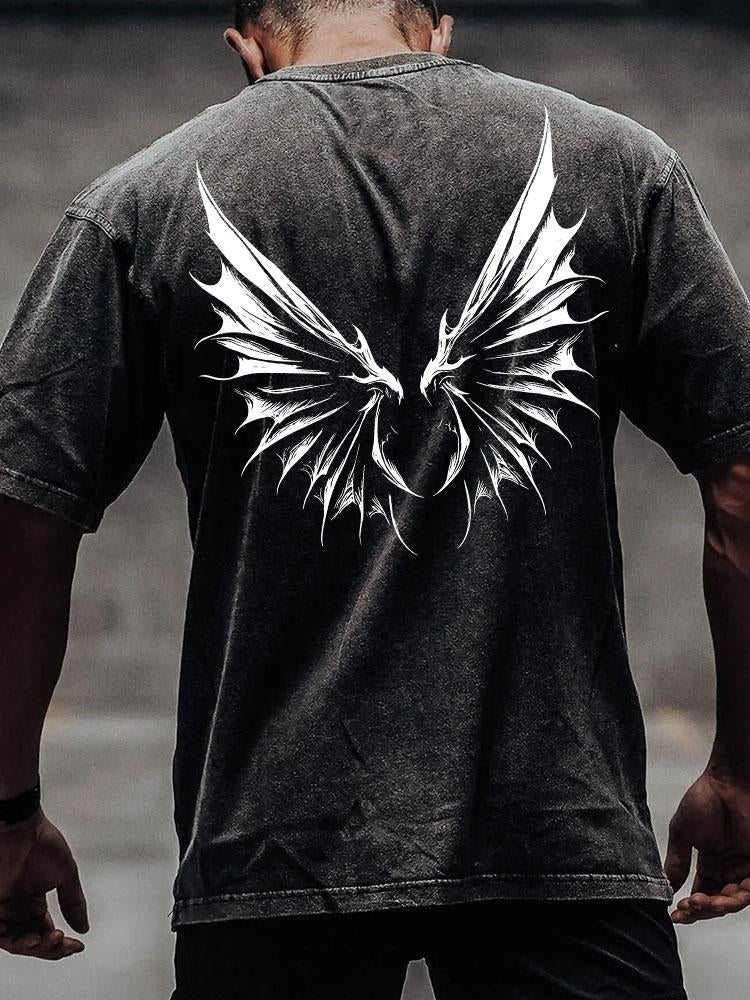 demon wing back printed Washed Gym Shirt