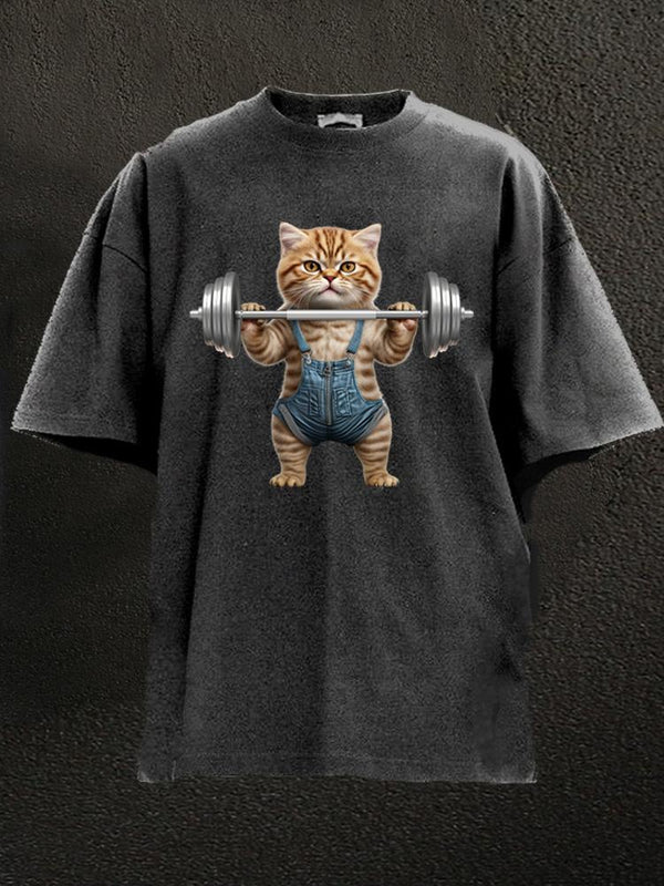 Weightlifting Cat Washed Gym Shirt
