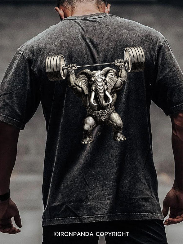 barbell Weightlifting Elephant  back printed Washed Gym Shirt