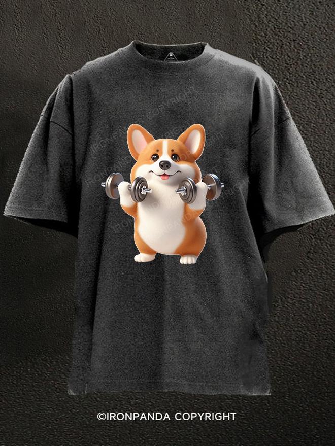 dumbbell corgi Washed Gym Shirt