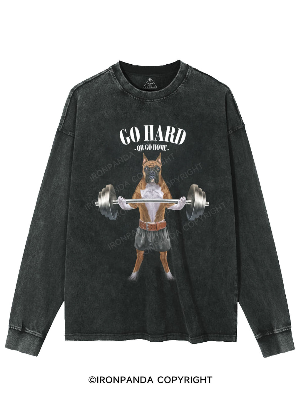 Boxer Dog Weightlifting WASHED LONG SLEEVE SHIRT