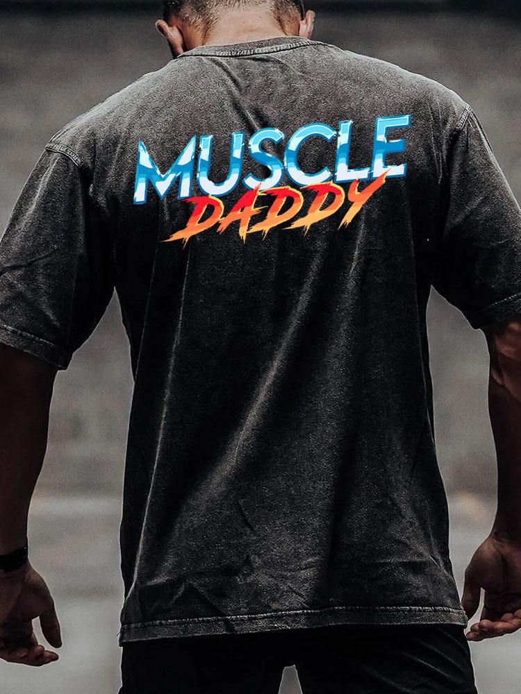 muscle daddy back printed Washed Gym Shirt