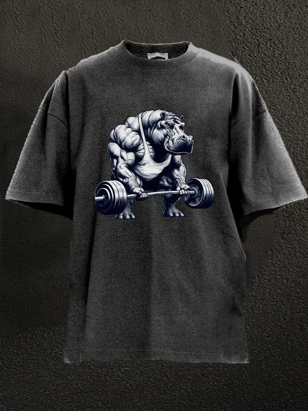 barbell weightlifting hippo Washed Gym Shirt