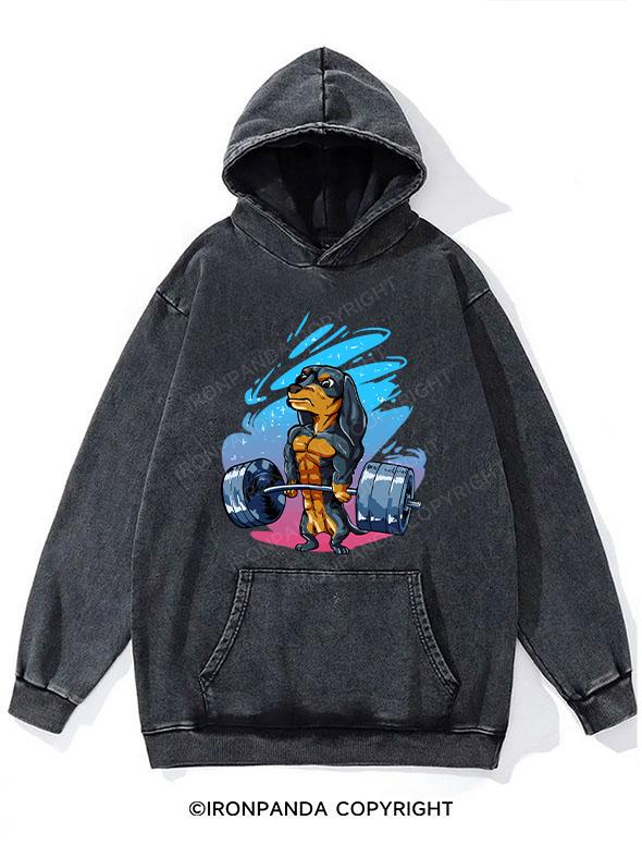 Dachshund Dog Weightlifting Washed Gym Hoodie