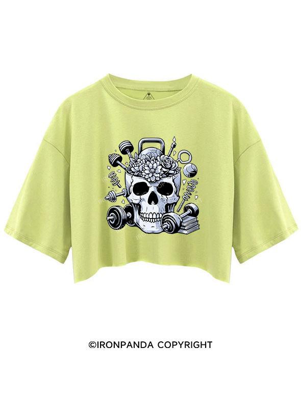 SKELETON LIFTING FLOWERS BOOKS CROP TOPS