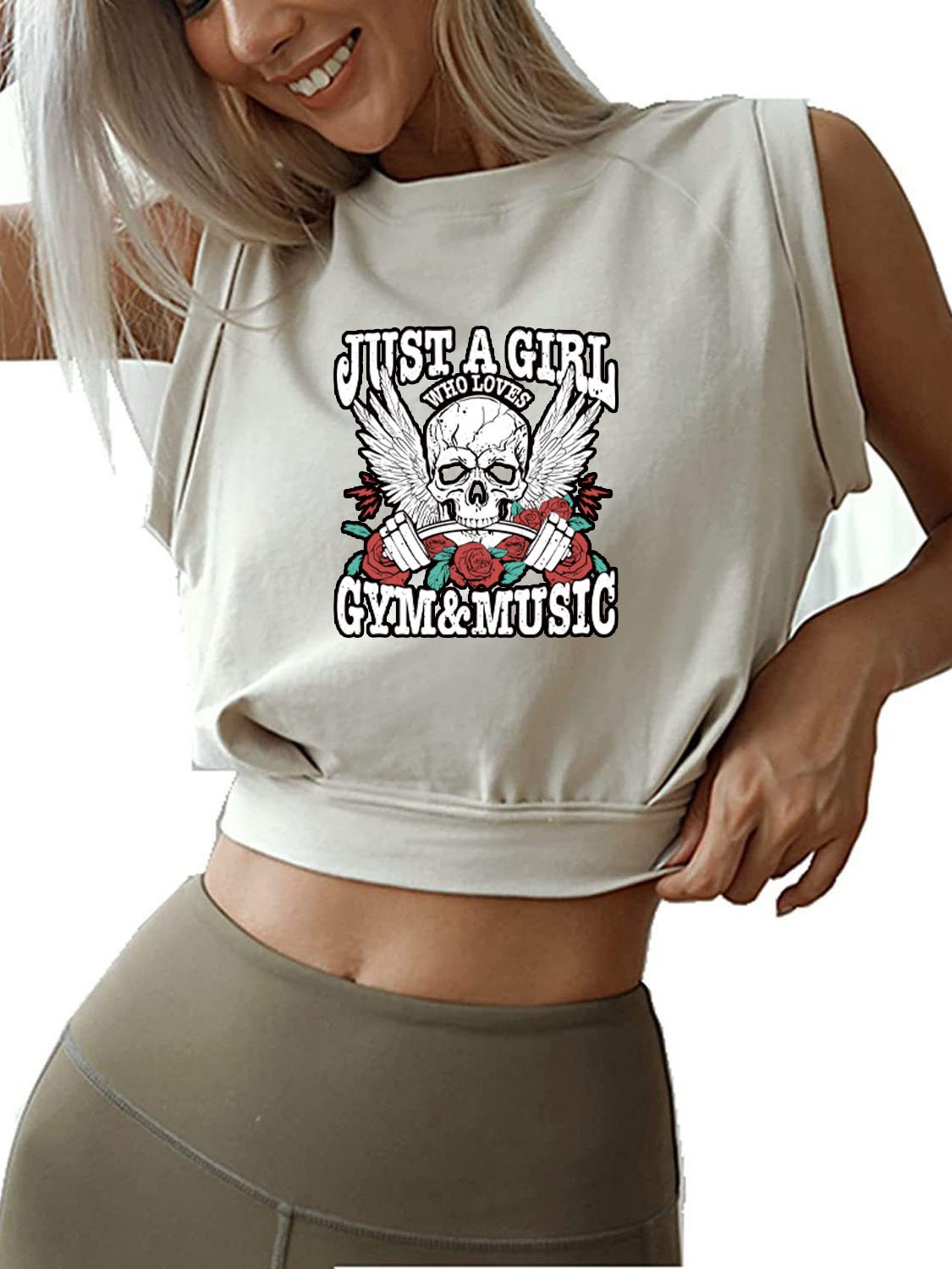JUST A GIRL WHO LOVES GYM&MUSIC SLEEVELESS CROP TOPS