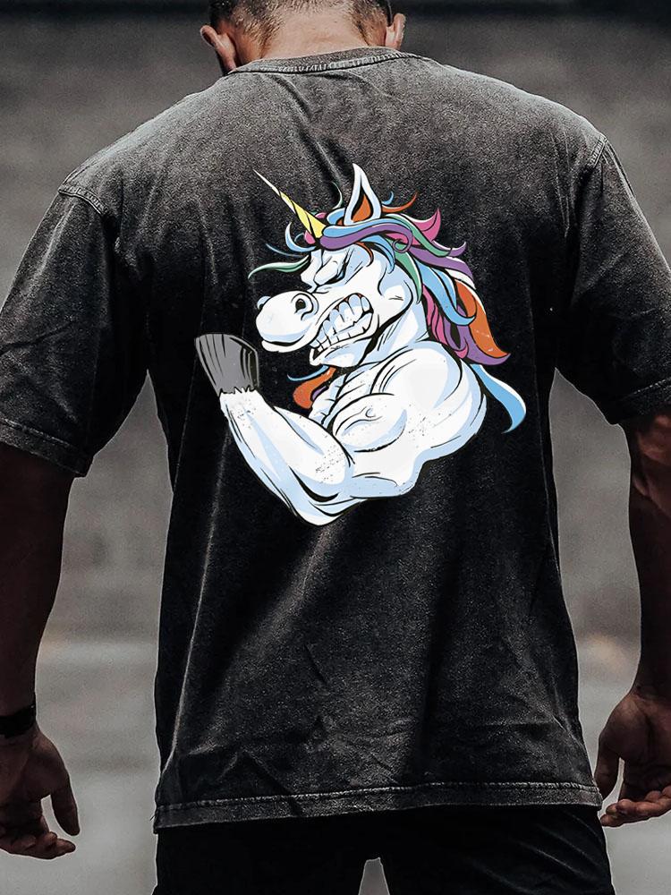 muscular unicron back printed Washed Gym Shirt