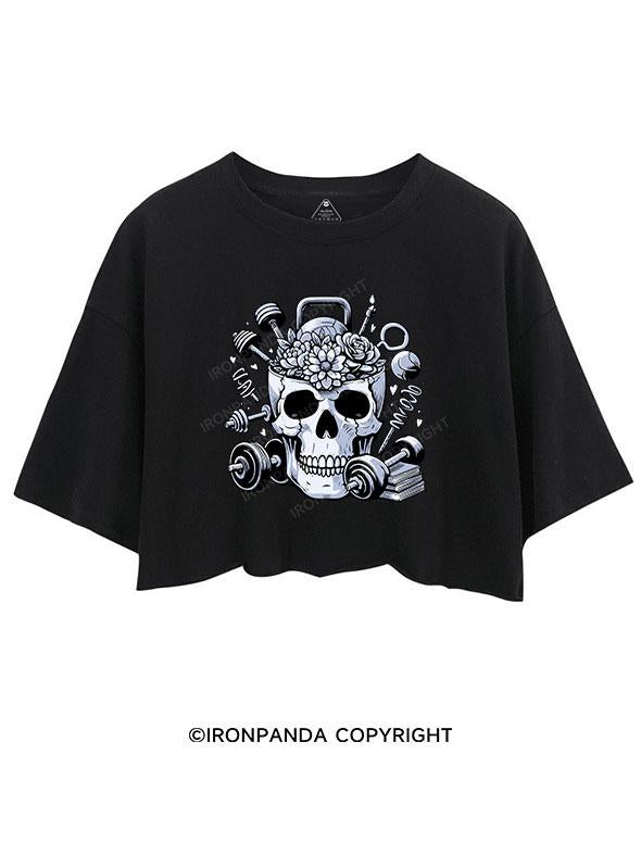 SKELETON LIFTING FLOWERS BOOKS CROP TOPS