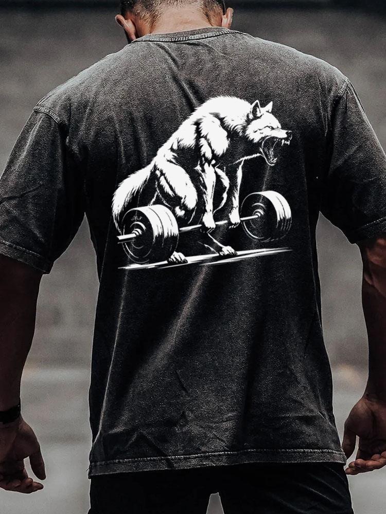 weightlifting wolf back printed Washed Gym Shirt
