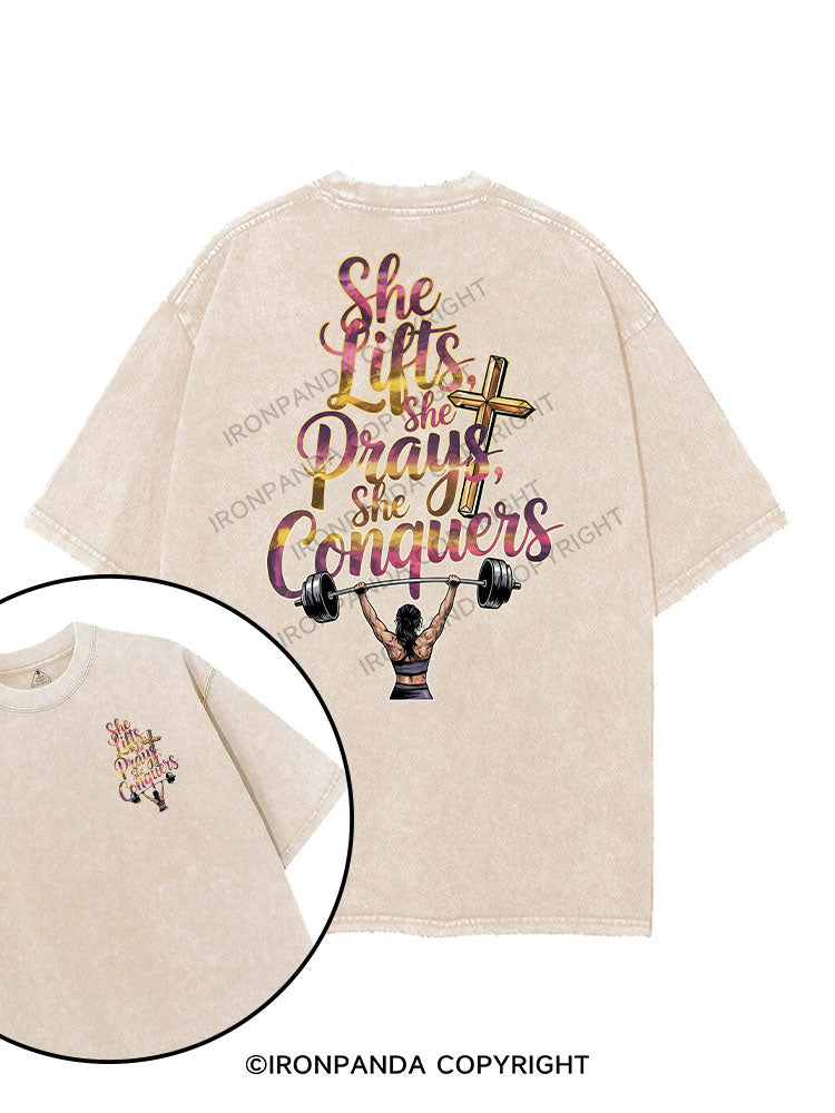 She lifts, She prays, She conquers printed Gym Shirt