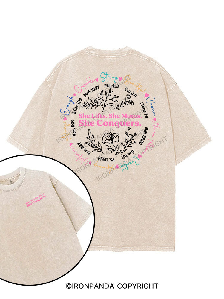 She Lifts. She Moms. She Conquers printed Gym Shirt