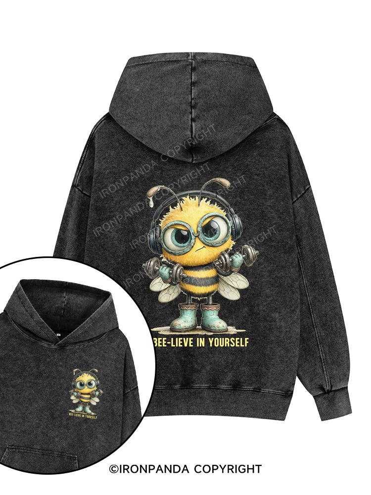BEE-LIEVE IN YOURSELF Printed Washed Gym Hoodie