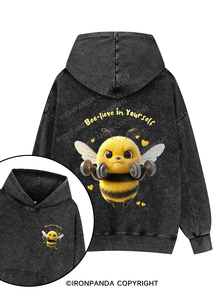 BEE-LIEVE IN YOURSELF Printed Washed Gym Hoodie