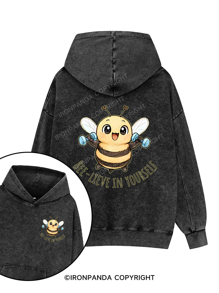 BEE-LIEVE IN YOURSELF Printed Washed Gym Hoodie