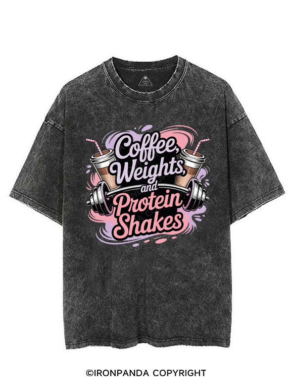 COFFEE WEIGHTS AND PROTEIN SHAKES VINTAGE GYM SHIRT