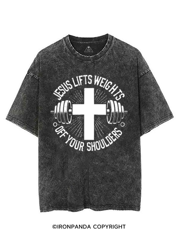 JESUS LIFTS WEIGHTS OFF YOUR SHOULDERS VINTAGE GYM SHIRT